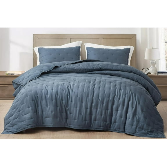 Chezmoi Collection Glen 3-Piece Crescent Stitched Quilt Set, Queen Size, Steel Blue, Rayon Derived from Bamboo & Polyester Blended, Soft Breathable Cooling Bedspread for Hot Sleepers