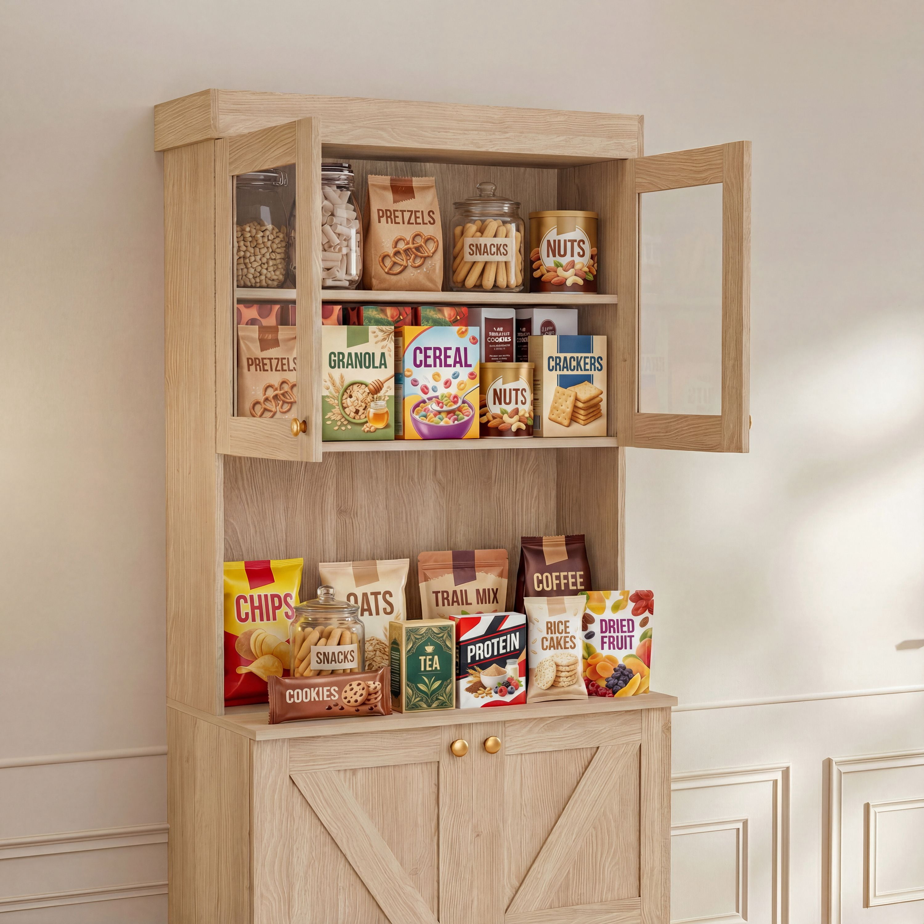 Farmhouse Pantry Cabinet 3-Piece Set, Brown, Glass Doors, Freestanding Microwave Stand, Storage Cabinet