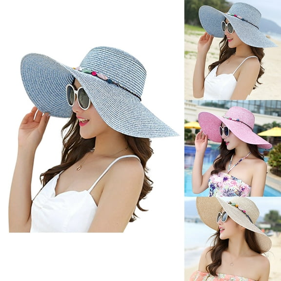 Women's Large Brim Visor Foldable Straw Hat Summer Beach Hat/Beige
