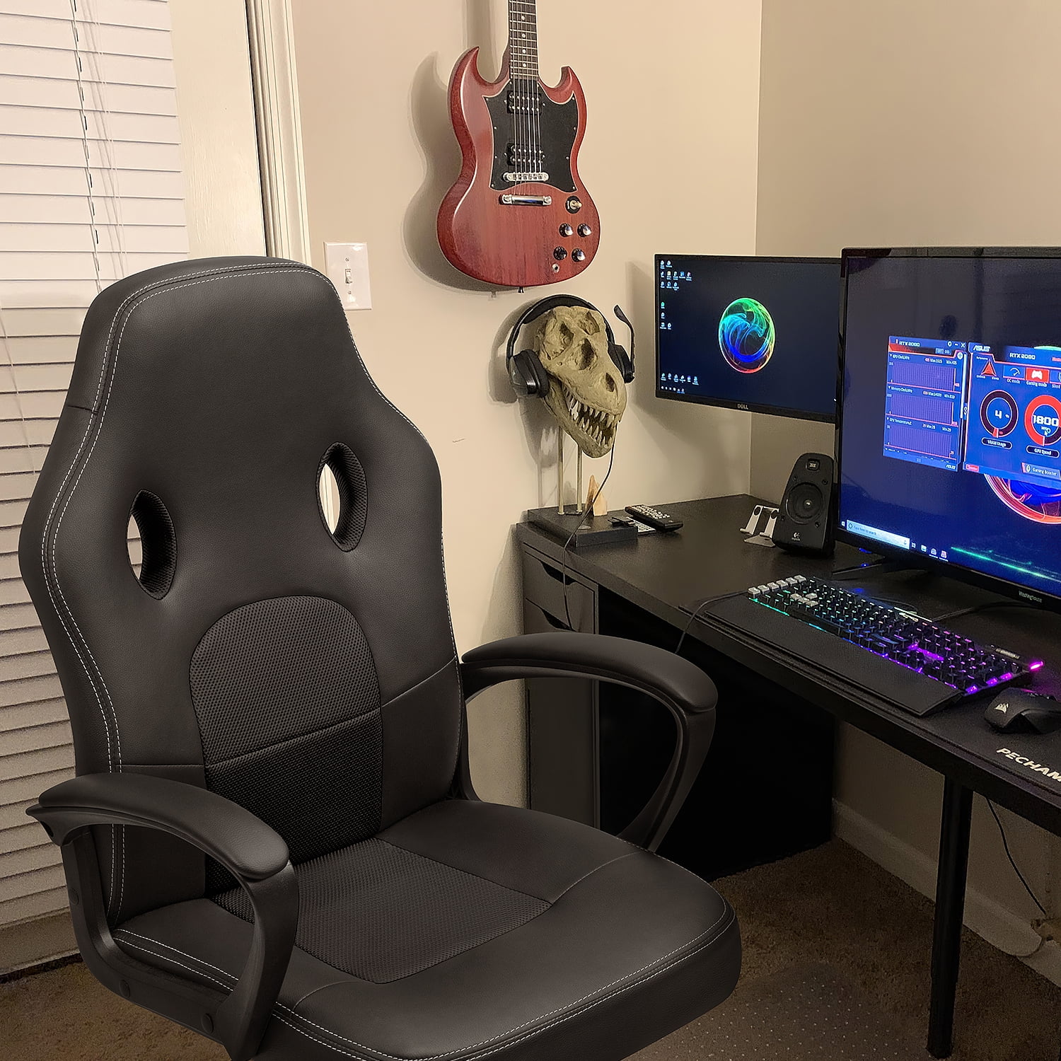 Lacoo Mid Back Gaming Chair Ergonomic PU Leather Computer Gaming Chair Office Chair with Armrests, Black