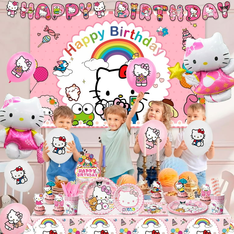 Hello Kitty Birthday Decorations,124pcs Hello Kitty Party Decorations & Hello Kitty Party Tableware Set - Hello Kitty Party Plates Cups Napkins Backdrop Balloon Banner etc Hello Kitty Party Supplies