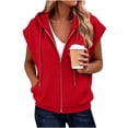 thumbnail image 2 of Women's Plus Size Cap Sleeve Hoodie Summer Loose Casual Zip Up Drawstring Tops with Pockets Red, 2 of 7