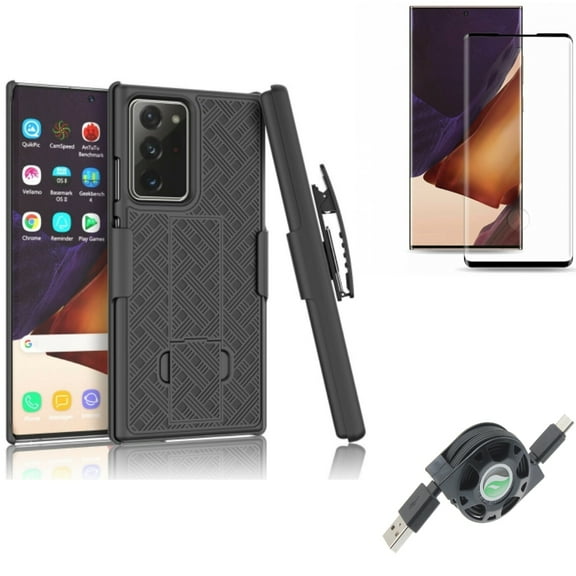 Screen Protector & USB Cable & Case Belt Clip for Samsung Galaxy Note 20 Ultra (6.9") - Combo with Tempered Glass (Fingerprint Unlock) & Retractable Type-C & Holster Swivel
