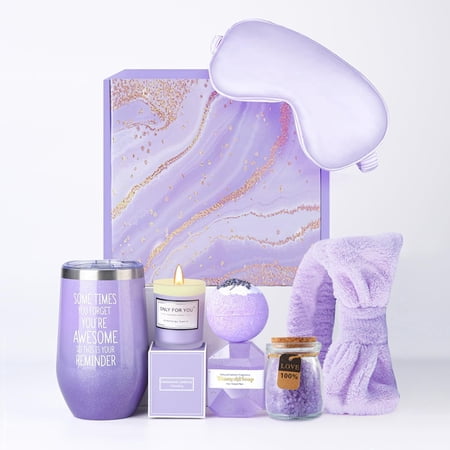 Spa Gift Set for Women, 7PCS Bath Gift Box with Scented Candle, Bath Bomb, Diamond Soap, Bath Salt, 16 oz Tumbler with Straw, Eye Mask and Headband, Birthday Gift Basket for Women