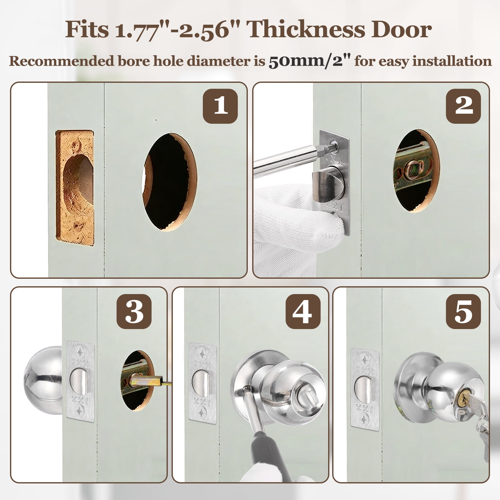 Door Knob with Lock and Key, Round Handles Keyed Exterior and Interior Lock with Screws, Fits 1.77"-2.56" Thickness for Front Door Entry Door, Silver Tone
