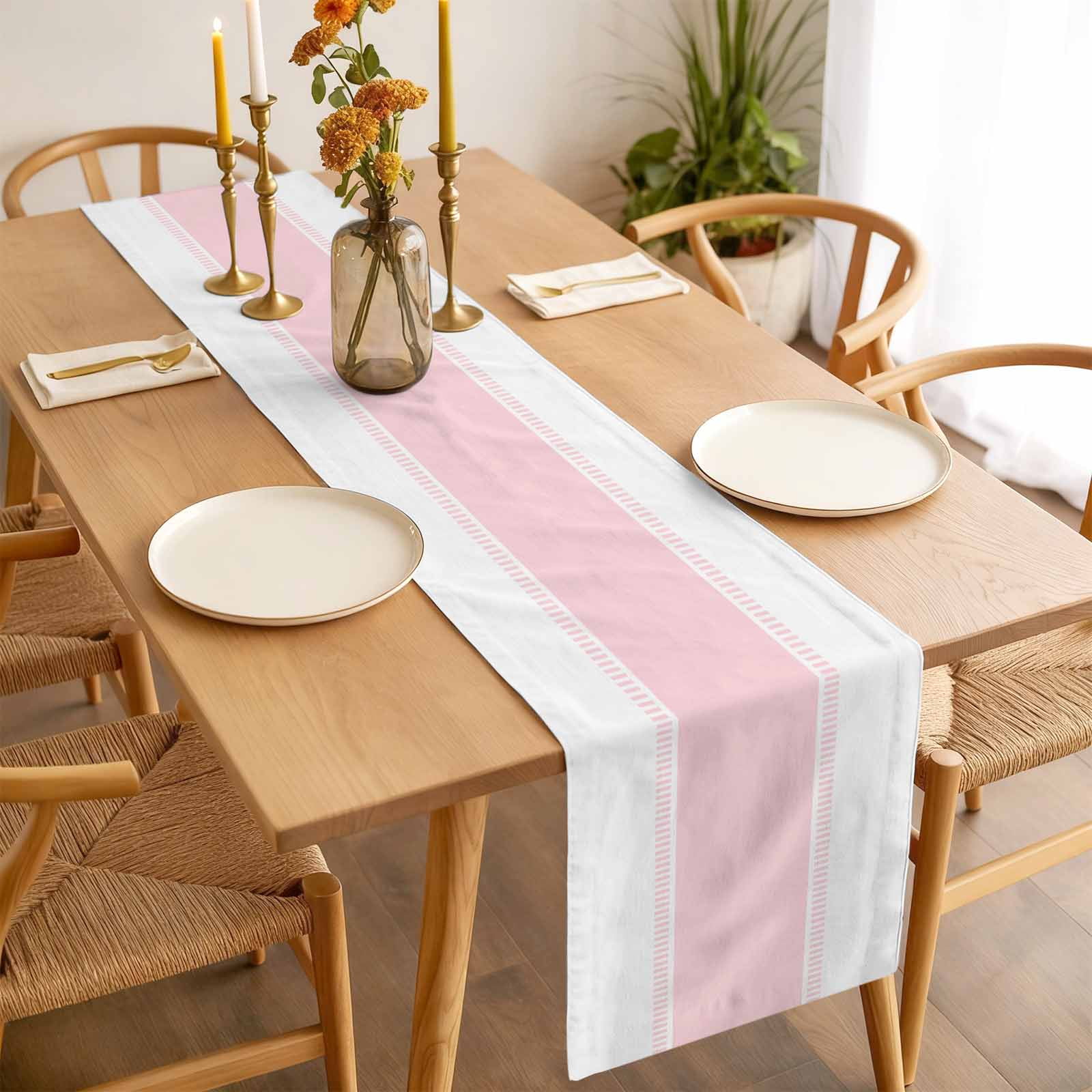 Pink Table Runner 13x120 inch Stripe Cotton Linen Dining Table Runner Ideal for Dresser Kitchen Coffee Tables - Machine Washable