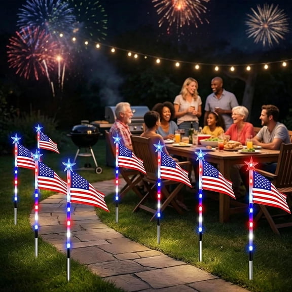 8 Pack Solar American Flag Lights Outdoor,4th of July Decorations Lights with 8 Lighting Modes, Patriotic Red White Blue Waterproof LED Decorations, 250th Anniversary Independence Memorial Day