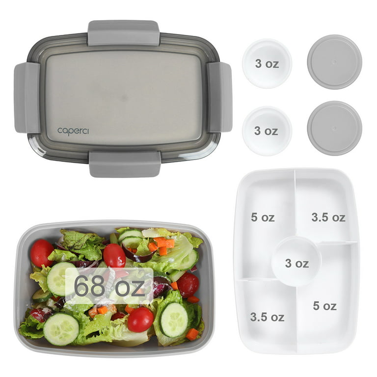 Caperci Large Salad Container for Lunch - Better Adult Bento Lunch Box  68-oz, 5-Compartment Tray, 2pcs 3-oz Sauce Container, BPA-Free (Gray) 