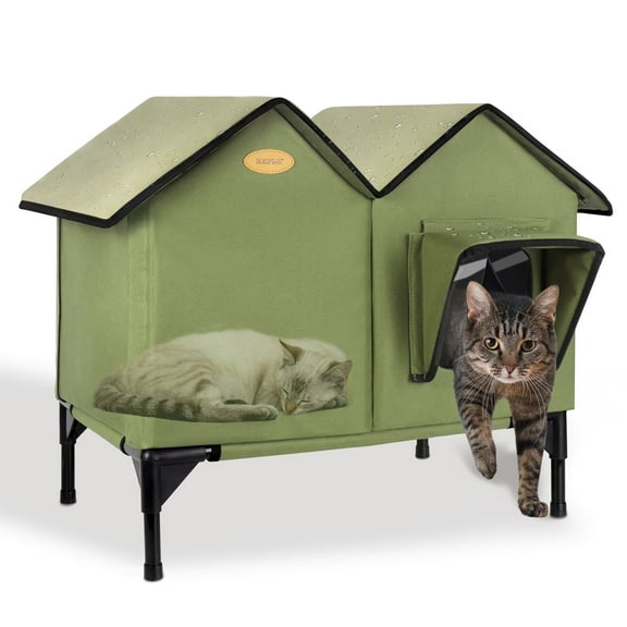 Large Outdoor Cat House Weatherproof, Elevated Feral Cat House Outdoor with a 5.9" Elevated Base, Waterproof PVC Tarpaulin roof Cat Shelter for Multiple Cats, Easy to Assemble（Green）
