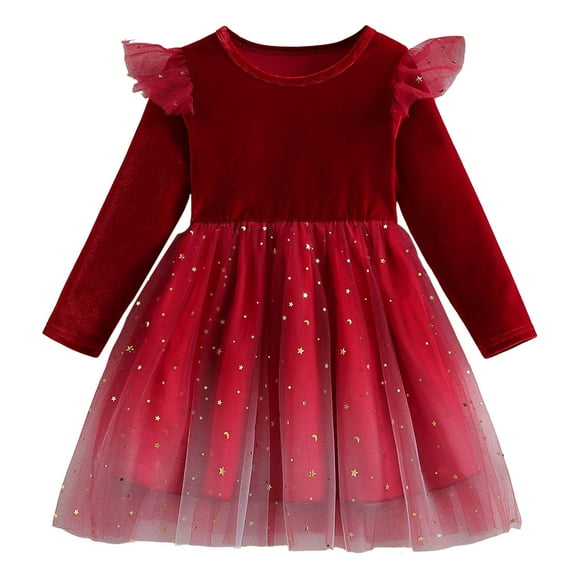 Robes Tutu en Velours pour Petites Filles Automne Hiver à Manches Longues à Volants Robe de Fête des Fêtes Vêtements pour Enfants Robe Fille Vêtements Taille 5-6T
