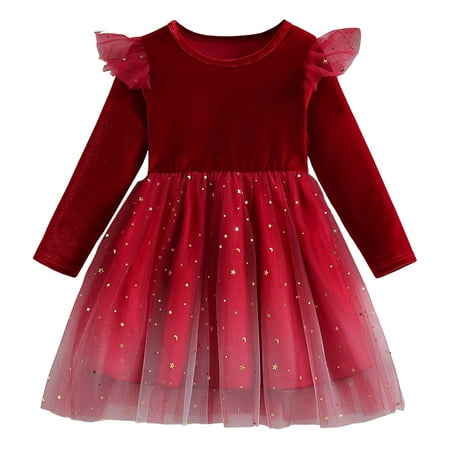 TAIAOJING AToddler Tutu Dresses Little Girls Velvet Tule Fall Winter Long Sleeve Ruffle Holiday Party Dress Fashionable 4-5Y