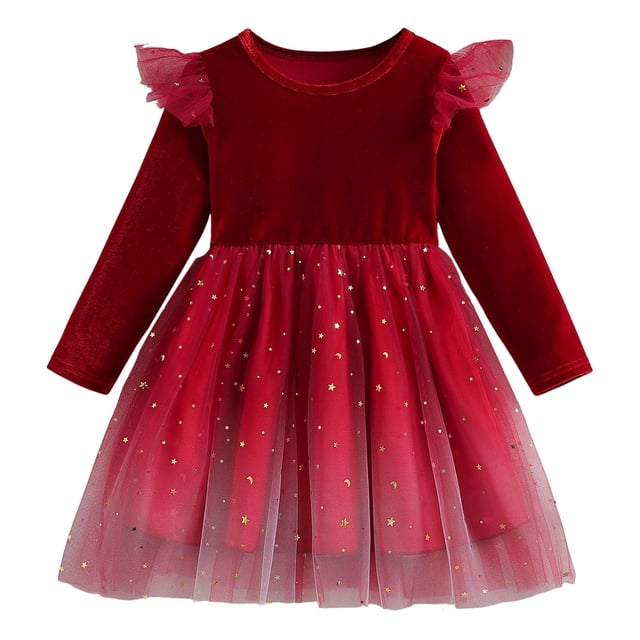 MEZZALL Robe Tutu en Velours pour Petites Filles Automne Hiver Manches Longues à Volants Robe de Fête Classique, Rouge, 4-5 Ans