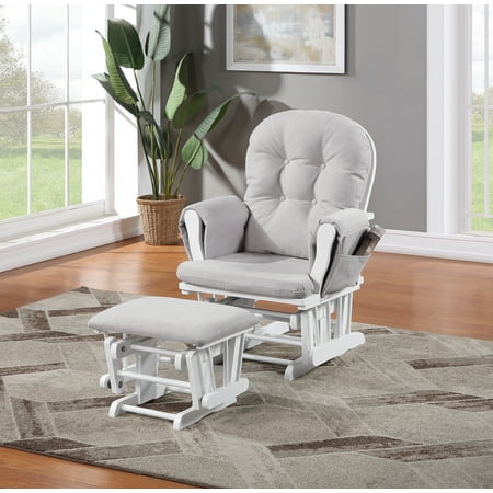 Suite Bebe Mason Wooden Nursery Rocking Chair with Ottoman, Baby Nursing Glider Rocker, White/Woven Gray