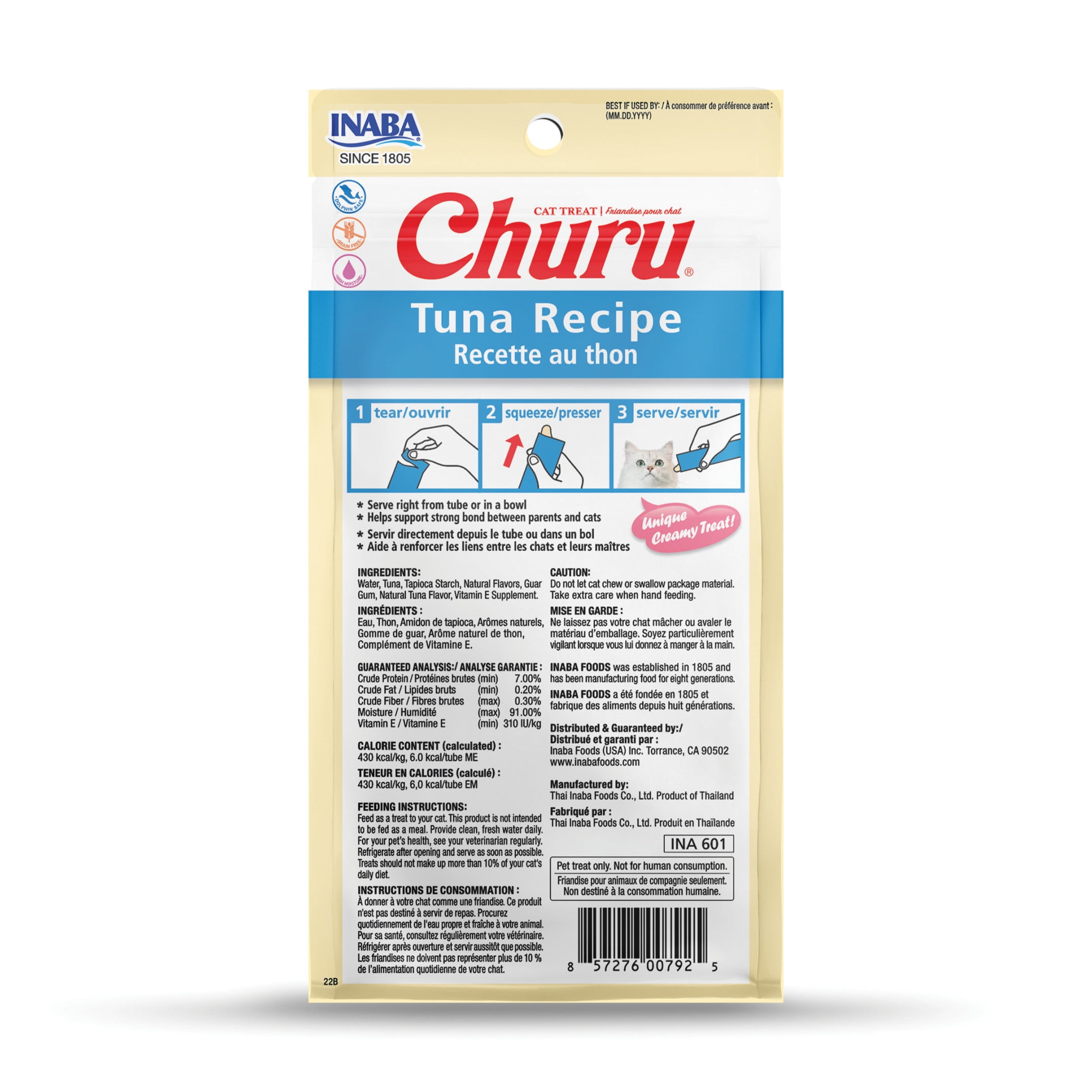 INABA Churu Cat Treats, Creamy Lickable Purée Cat Treat with Vitamin E, 0.5 Ounces Each Tube, 4 Tubes, Tuna Recipe