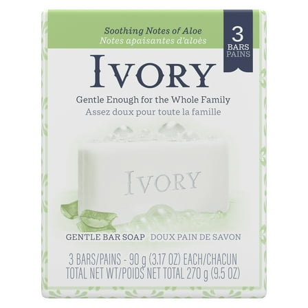 Ivory Aloe Gentle Bar Soap with Aloe, 3 Count