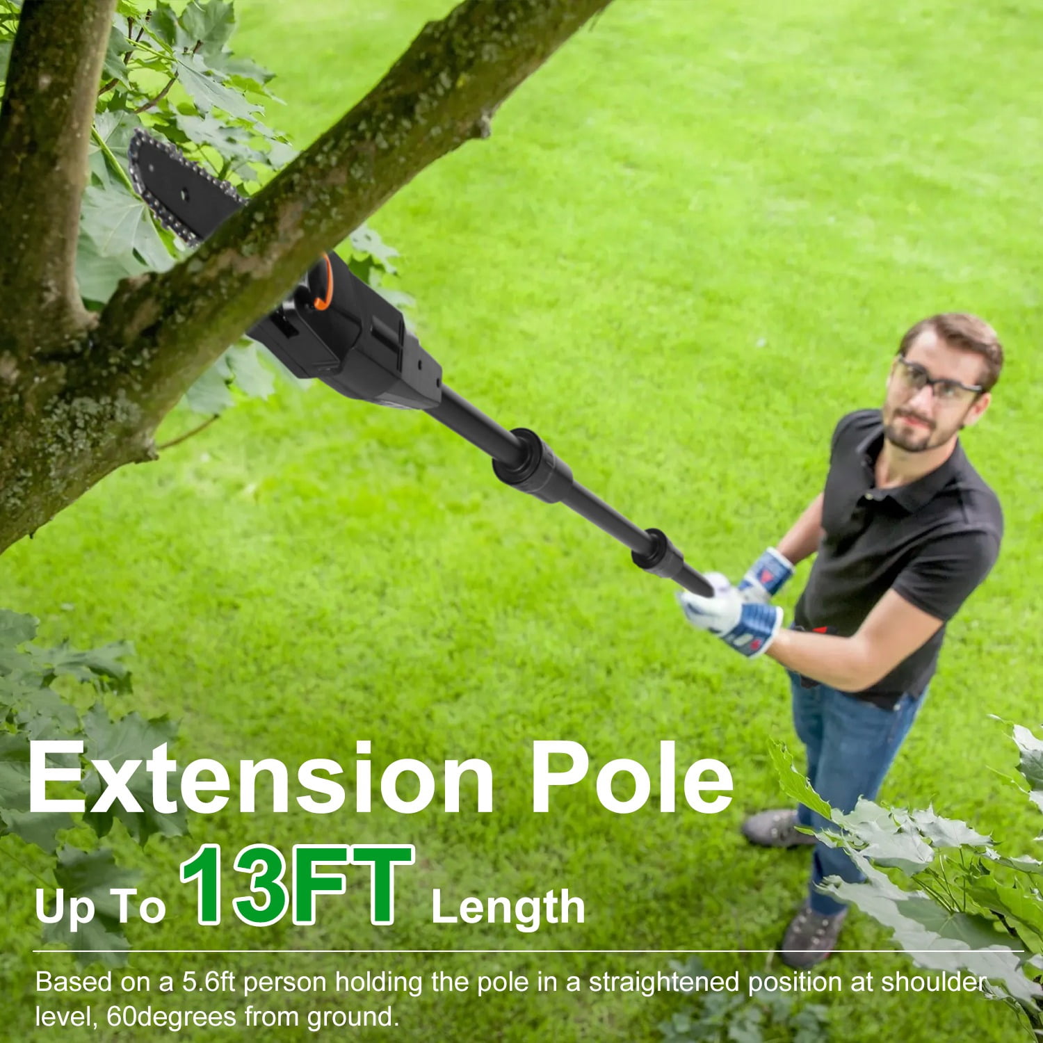 Cordless Pole Saw, 7.4ft Adjustable Length Chainsaw with 775W Motor (35ft/s Chain Speed), 2x 3000mAh Batteries & Safety Protection, 4-Section Extension Pole for Tree Trimming, Branch Cutting