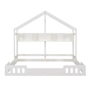 Twin Size House Floor Bed with Roof, Wood Double Twin Beds with Shelves and Guardrail for 2 Kids, Two Shared Beds Montessori Bed Frame, House Platform Bed for Girls Boys, Creamy White