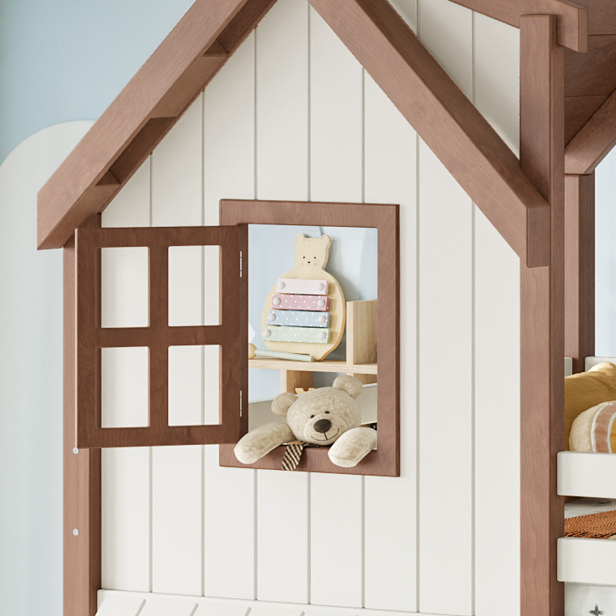 Leumius Full over Full House Bunk Bed with Storage Stairs, Kids Playhouse Bunk Bed with Roof and Windows, Solid Wood Bed Frame with Multifunctional Lower Space, Beige & Natural