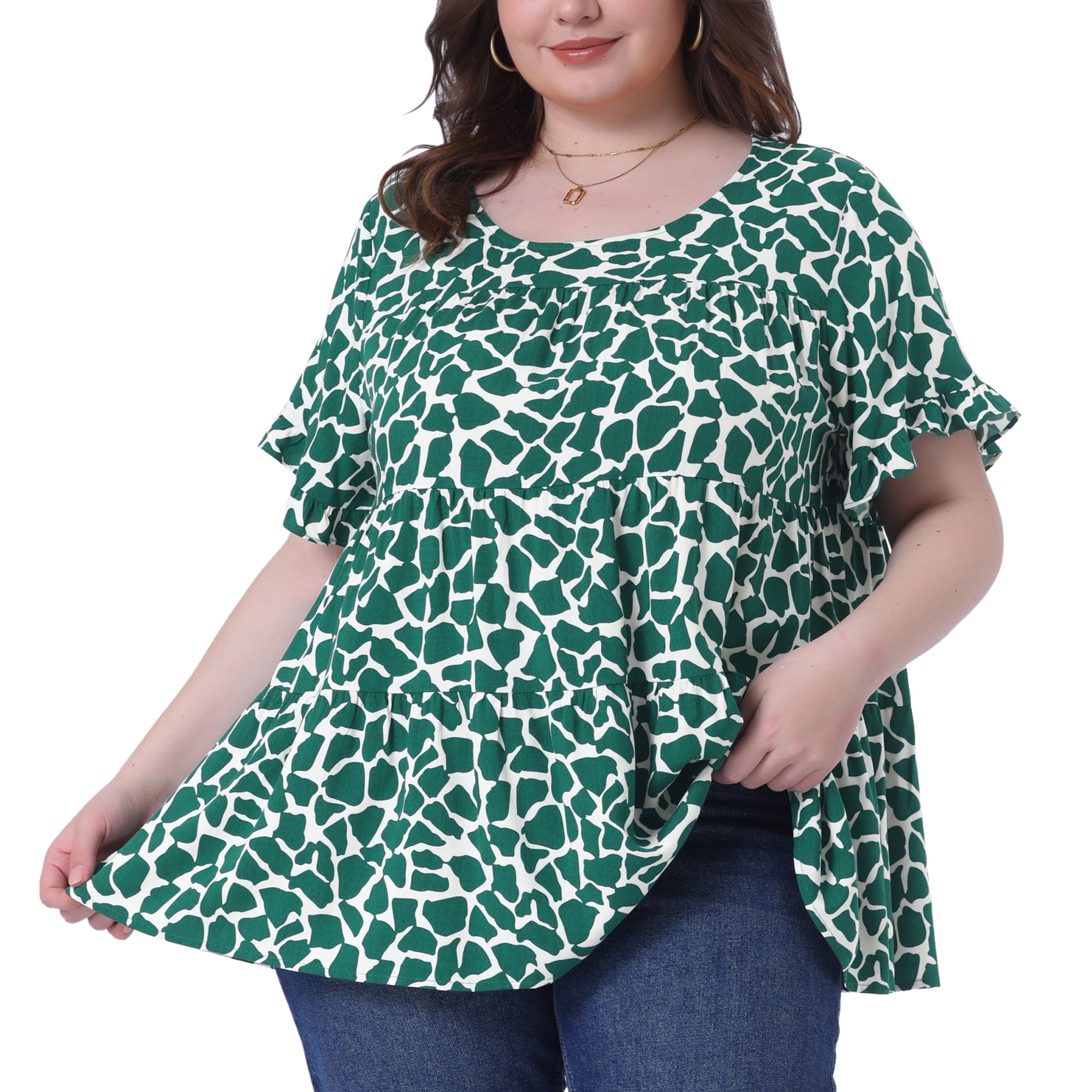 DARING DIVA Women's Plus Polka Dots Ruffle Sleeves Babydoll Tiered Blouse 4X White Green