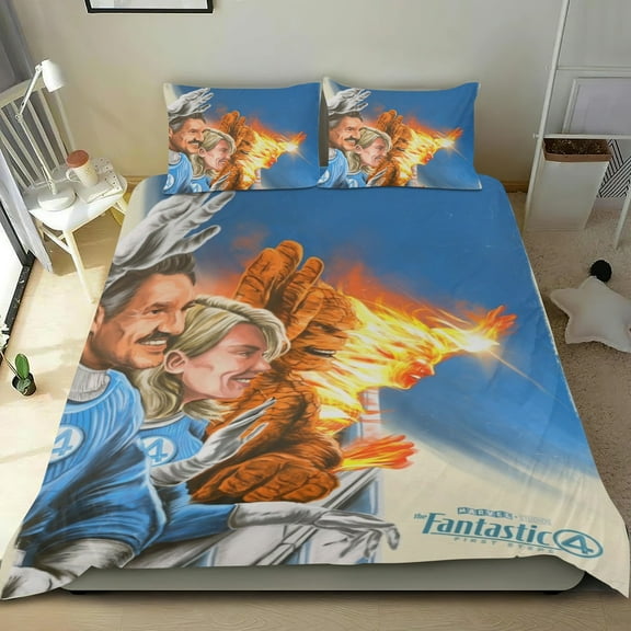 The Fantastic Four First Steps Themed Bed Sheet Set Three Piece Set 53x79 In ches Comfortable And Skin Friendly Unique Design Creating A Star Studded Night Home Decor Gifts For Family Friends fans