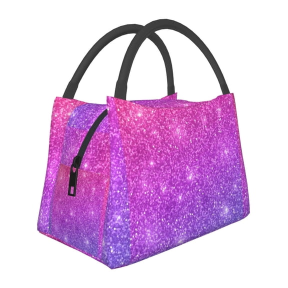 Vsdgher Purple Glitter Print Insulated Reusable Bags with Sturdy Zipper and Handles, Foldable Totes for Hot or Cold Food Bring or Delivery