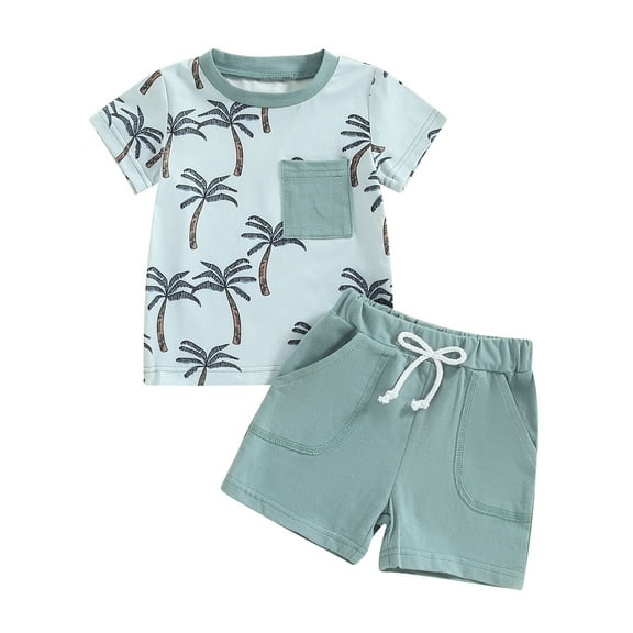 Elippeo 2Pcs Baby Boy Summer Outfits 3 6 12 18 24 Months 3 Years Short Sleeve Tree/Gesture Print T-Shirt Shorts Set Toddler Clothes