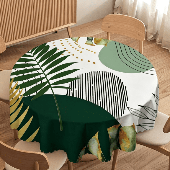 Odenmar 70 inch Round Tablecloth, Featuring Green Botanical Abstract Pattern, Made from Polyester Fabric for Dining Kitchen Party Home Decor