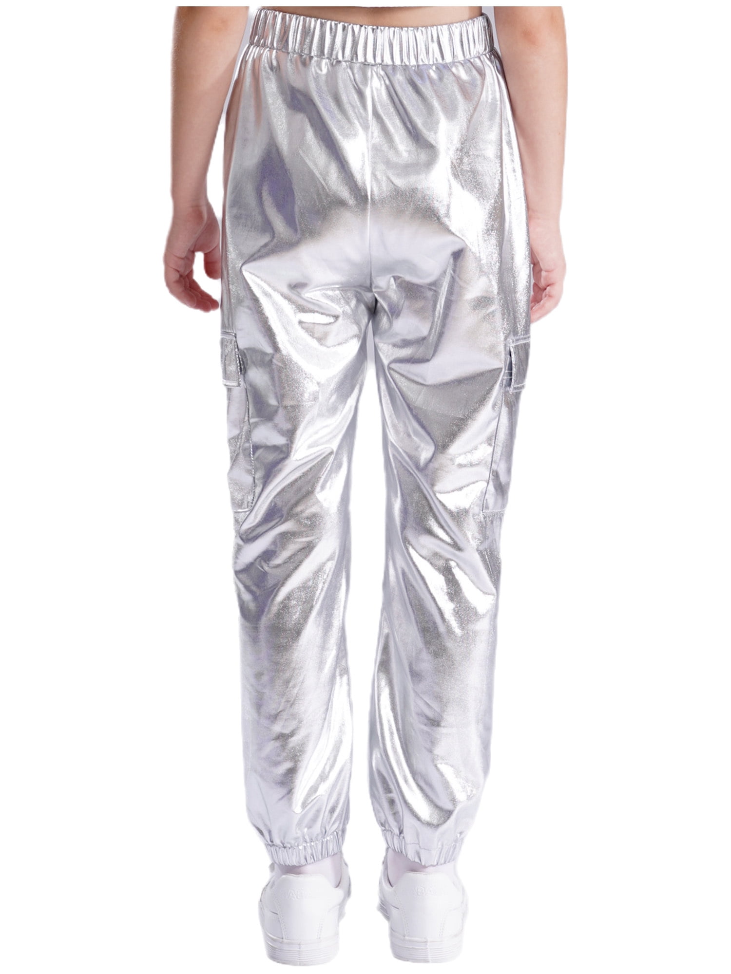RUNQHUI Girls Boys Metallic Shiny Cargo Pants Kids Multi Pockets Joggers Holographic Hip Hop Jazz Dance Trousers Silver 6
