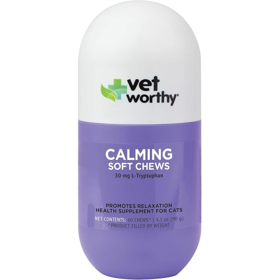 Vet Worthy Cat Calming Chews - Helps with Anti Aggression for Cats and Promotes Relaxation with L-Tryptophan & Chamomile - Aids in Cat Stress and Anxiety Relief During Travel & Fireworks - 60 ct