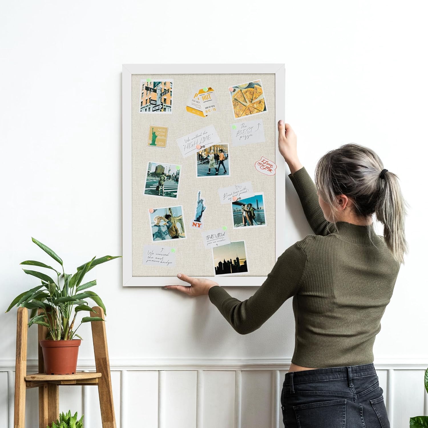 White Cork Board Bulletin Board with Linen, Wood Framed 30" x 20" Corkboard, Office Board for Wall Decor, Wall Mounted Pin Board Picture Board with 20 Pushpins for School, Home & Office