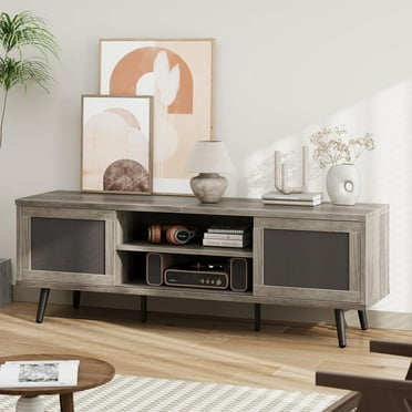 Bestier 63 inch Rattan TV Stand for TVs up to 75 Inch，with Sliding Doors &2 Tier Storage Shelves, Grey