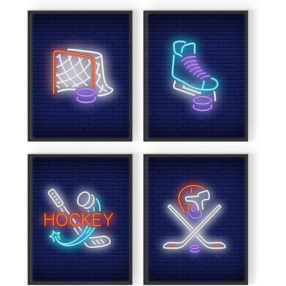 Hockey Wall Art Prints - Set of 4 (8x10) Unframed Hockey Posters - Hockey Room Decor For Men Kids Teenagers - Neon Girls Dorm Room