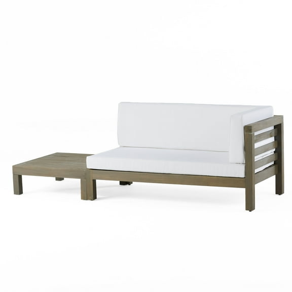 Kaena Acacia Wood Outdoor Right Arm Loveseat and Coffee Table Set with Cushion, Gray and White