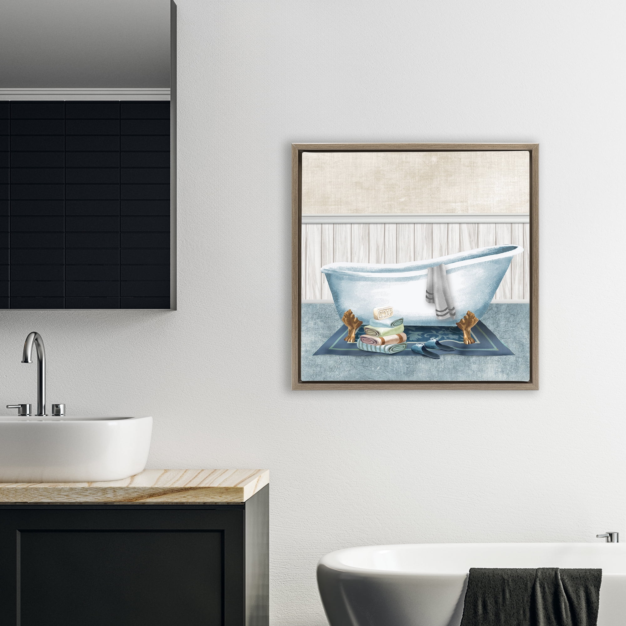 Stupell Industries Cozy Clawfoot Bathtub Spa Brown Framed Floater Canvas Wall Art, design by Conrad Knutsen