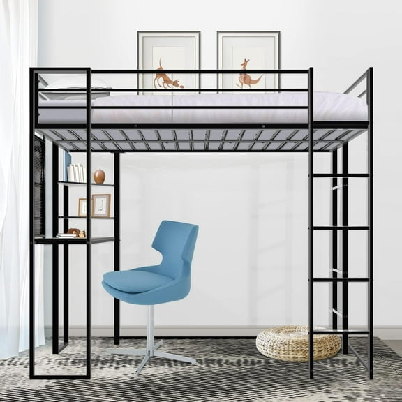 Twin Size Metal Loft Bed with Desk and Shelves, High Loft Bed for Teen, Metal Bed Frame with 2 Built-in Ladders and Full-length Guardrail, Noise Free, No Box Spring Needed, 200LBS Weight Capacity