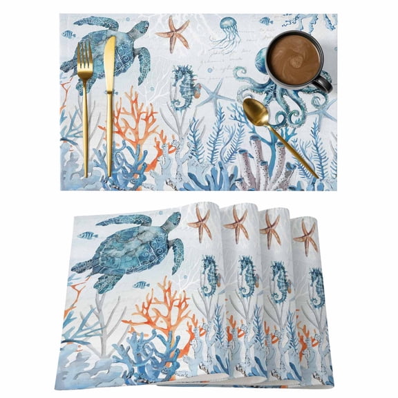 Blue Turtle Coastal Placemats Set of 4, Octopus Summer Beach Coral Seahorse Placemats for Dining Table, Place Mats for Kitchen Tabletop, Waterproof Wipeable Dining Table Mats Set