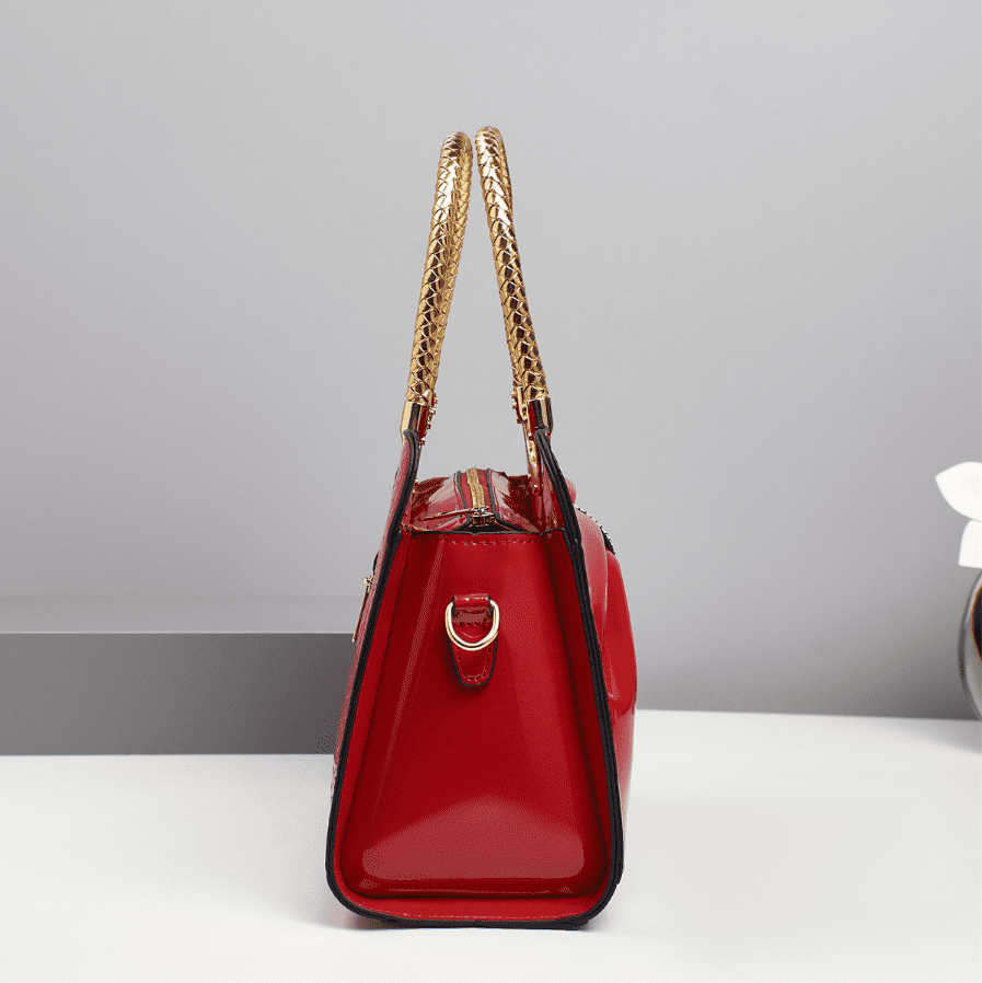 PORT&LOTUSWomen's Glossy Pink Patent Leather Tote Bag with Bow & Rhinestone Detail, Gold-Tone Braided Handles, Convertible Crossbody Strap