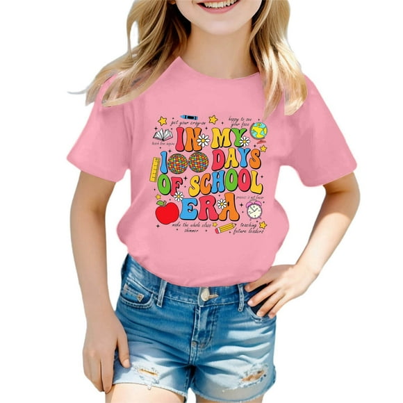 PMVFHDE T-Shirt Girl Girls Swimsuits Tops Girls Fashion Tops Girls Summer Tops Trendy Cute Girls Tops Children Fashion Casual Print Round Neck Loose Short Sleeve T Shirt Top Pink,10-11 Years