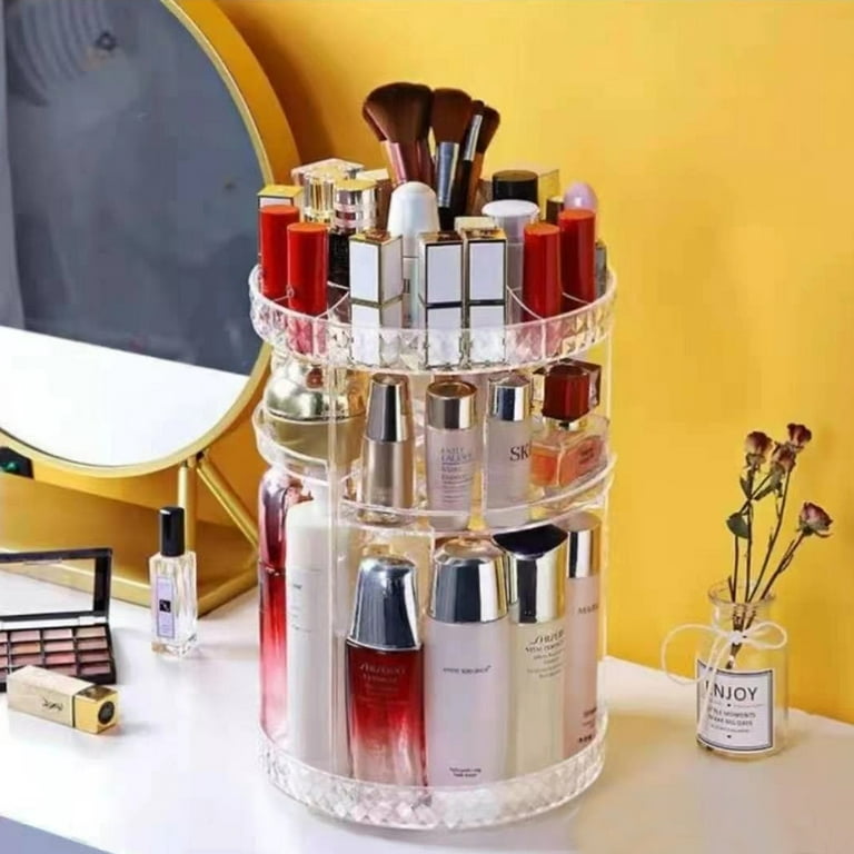 fanado 360° Rotating Makeup Brush Holder with Drawer, Makeup Organizer Countertop, Makeup Organization Skincare Storage for Vanity Desktop Bathroom (White)
