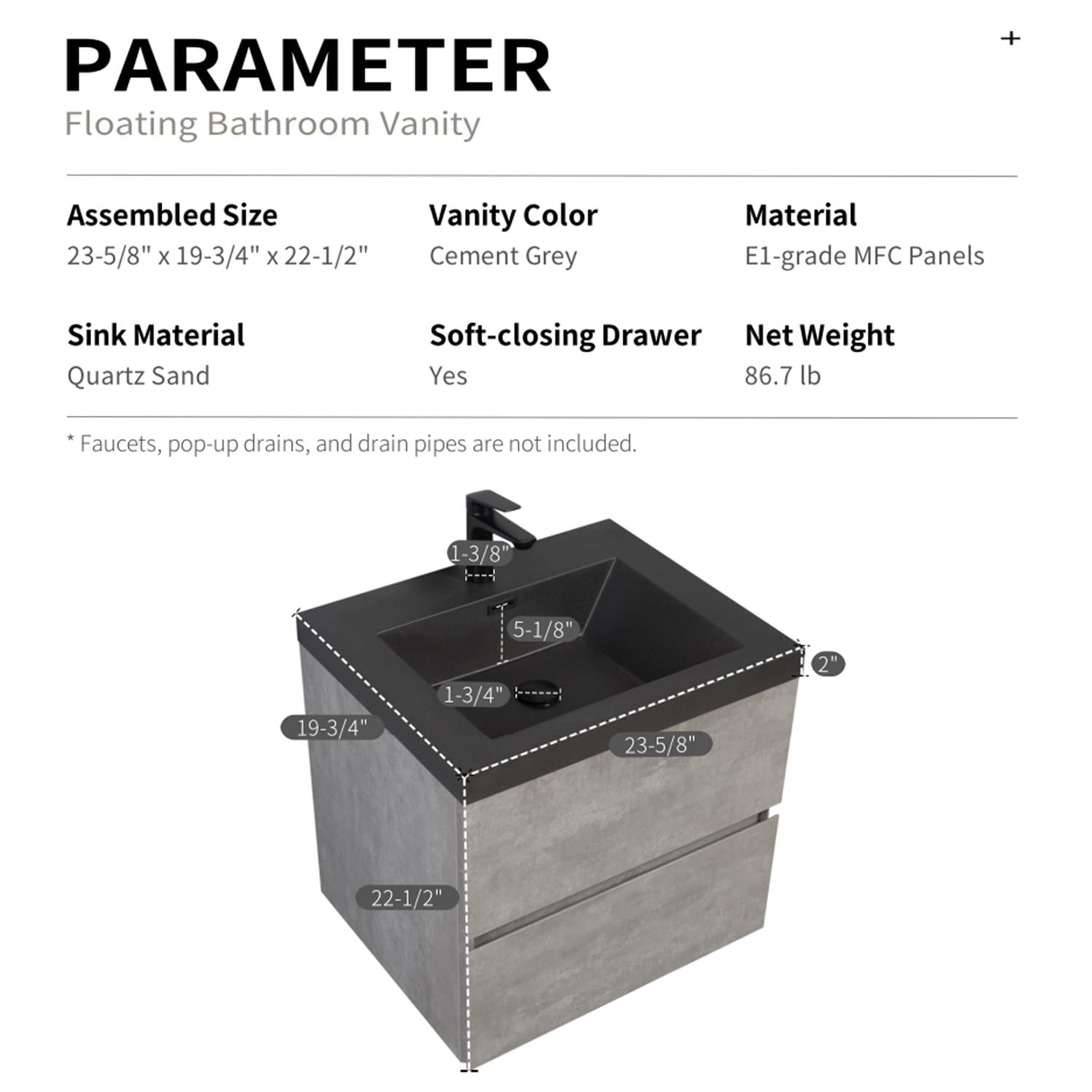 Demi Bonn 23" Floating Bathroom Vanity with Sink, Black Quartz Sand Top Basin and 2 Soft Close Drawers, Faucets and Drains Not Included, Gray