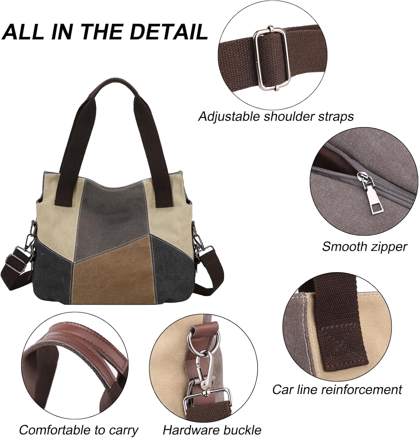 Women's Canvas Tote Purse for Work,Medium Casual Multi Pocket Crossbody Tote Bag with Shoulder Strap