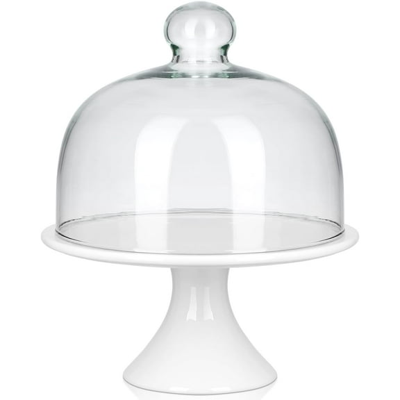 ABCISI Cake Stand 8 inch Ceramic Cake Stand, Footed Cake Plate with Glass Dome, Dessert Serving Platter Cheese Board, Wedding Server Tray for Pastries, Doughnuts, Muffin Wedding Decor