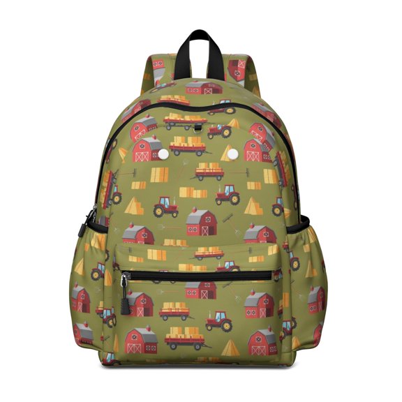 Tractor and Barns Green Pattern Backpack for School, Cute School Bag with Adjustable Shoulder Straps and Padded Back, 13.4"x11"x4.7"