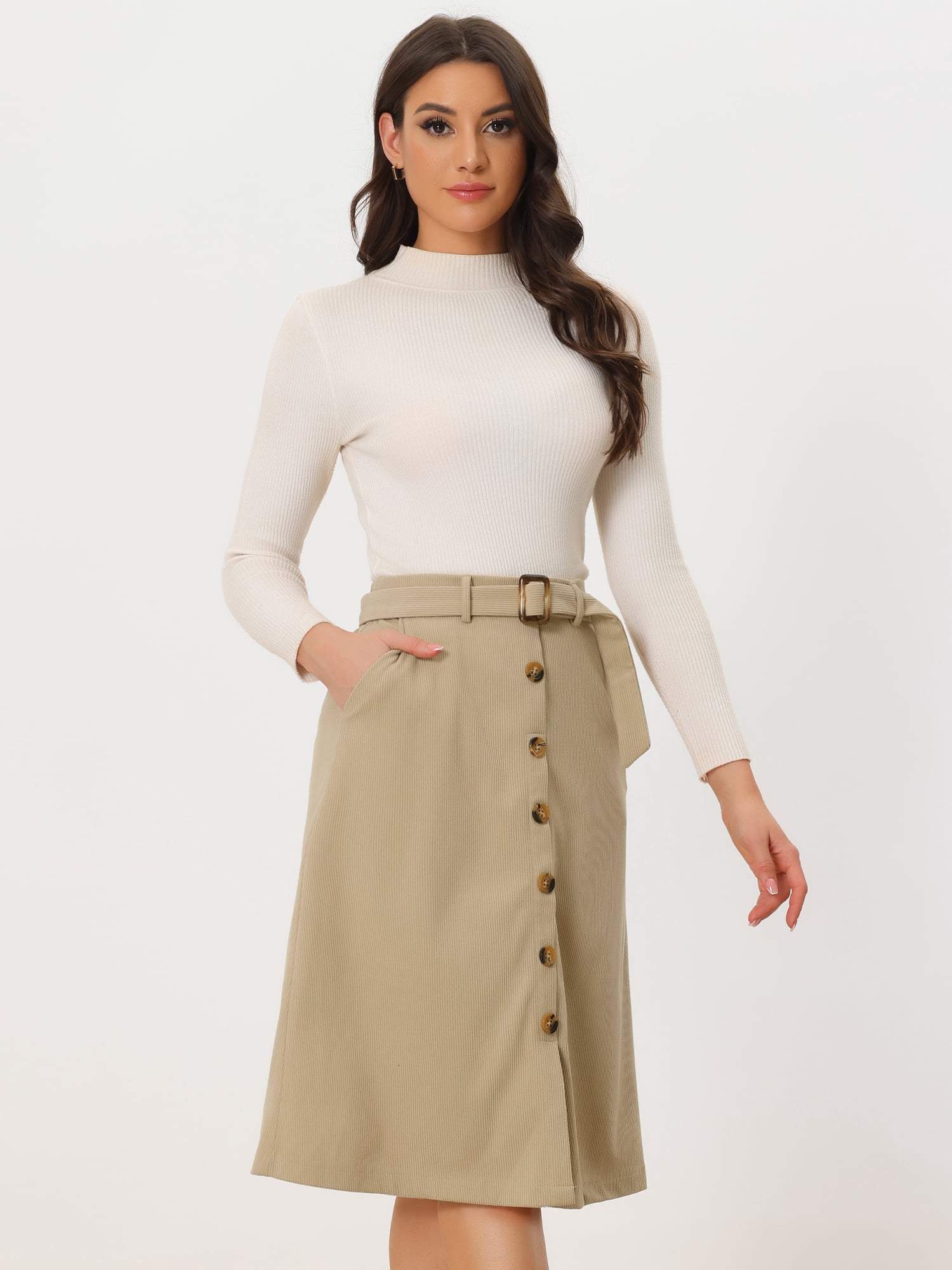 DARING DIVA Women's A-Line Button Front Belted Midi Skirts XL Khaki