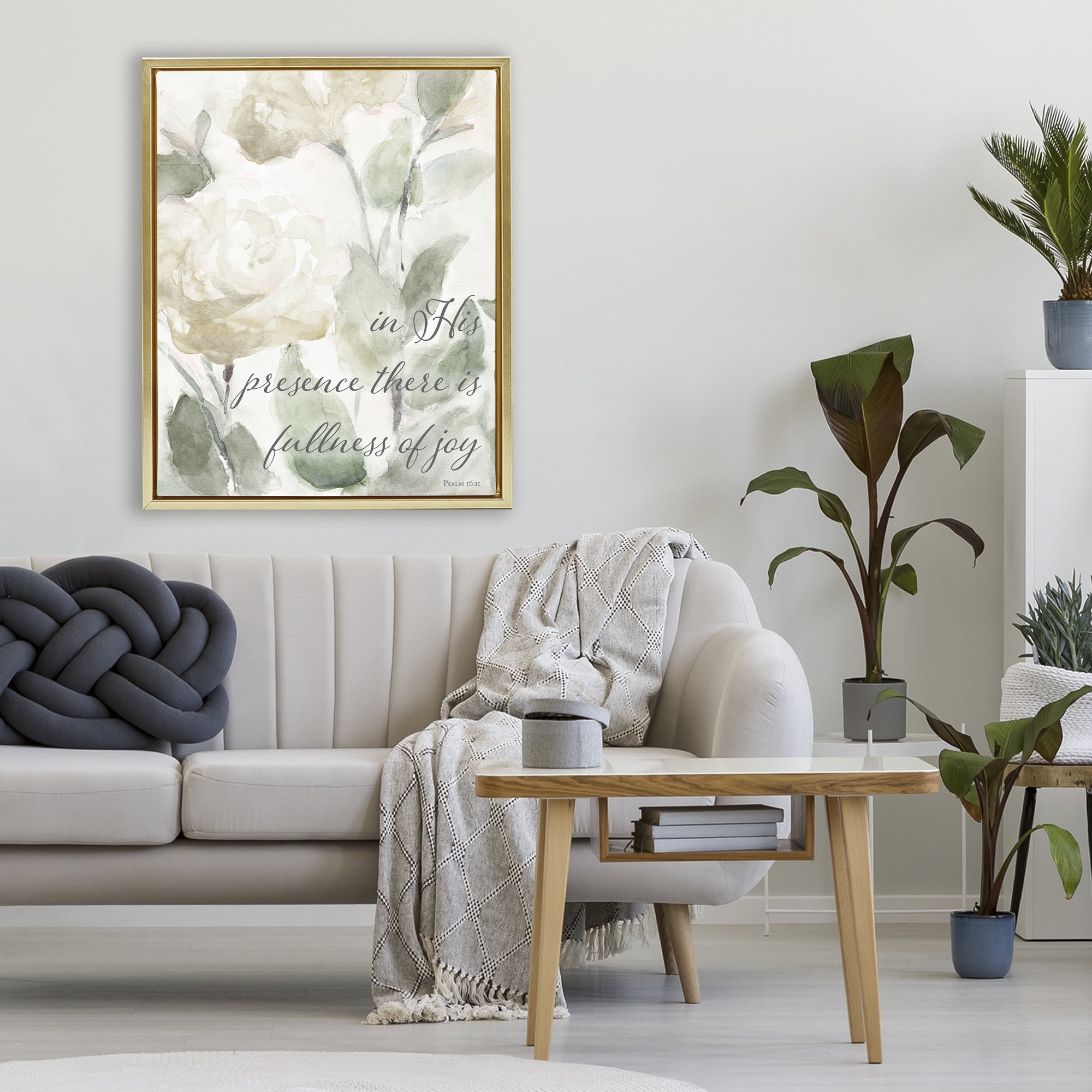 Stupell Industries His Presence Floral Scripture Gold Framed Floater Canvas Wall Art, design by Lanie Loreth