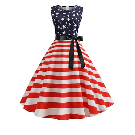 - Utowu Women Vintage Dress Independence Day American Flag Printed Graphic A-Line Bow Dress