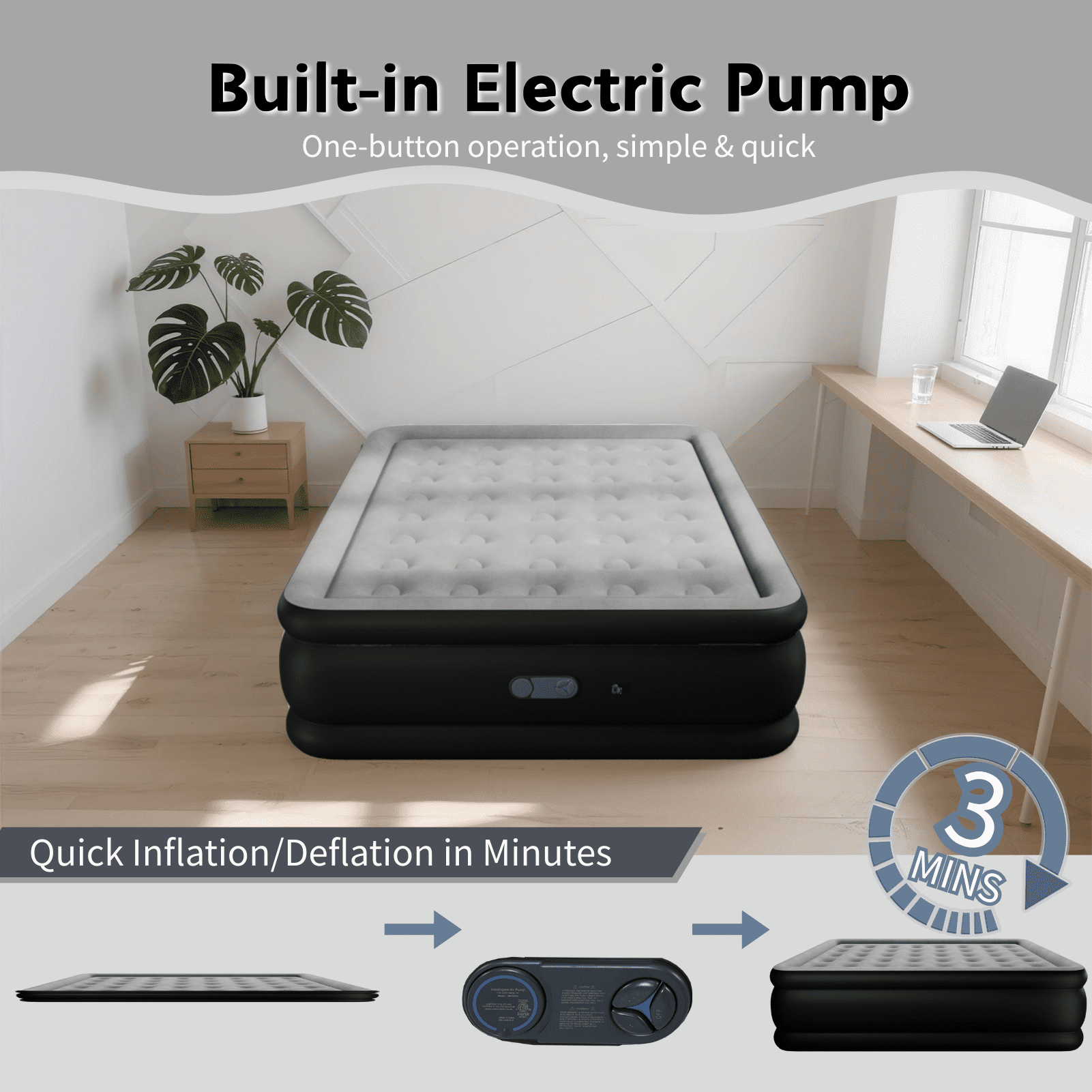 Full 18" Top Flocking Air Mattress with Built-in Pump Raised Comfort,Fast Inflation/Deflation Foldable Portable Air Bed with Storage Bag for Home,Camping,Guests Grey