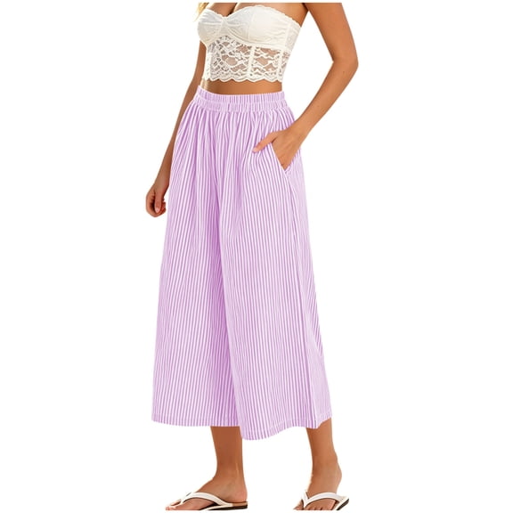 Kvture Women's Wide Leg Capri Pants Gingham Plaid Culottes Summer Elastic Waist Palazzo Trousers Bottoms with Pocket Purple Pant XL
