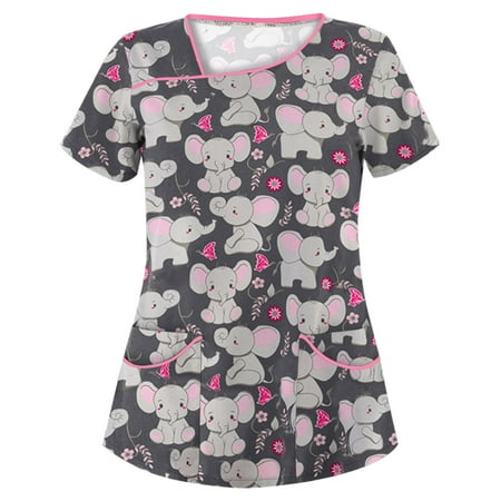 

Funicet Summer Savings Clearance! Women s Working Uniform Nursing Uniform With Two Pockets Scrubs Top Floral Printed Short Sleeve Irregular -neck Blouse