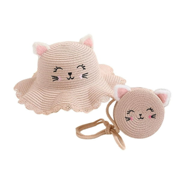 Conjunto de sombrero de paja para niños, bolso pequeño, lindo sombrero de ala ancha para festivales, viajes y playa. Rosa